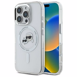 Karl Lagerfeld IML Metal Karl&Choupette Head magnetinis dėklas telefonui iPhone 16 Pro - baltas