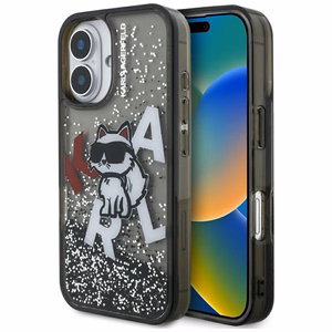 Karl Lagerfeld Liquid Glitter Choupette Logo iPhone 16 deklas - juodas