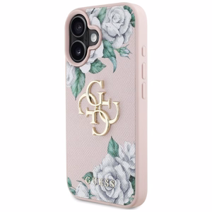 Guess Grained Roses Big 4G logo dėklas telefonui iPhone 16 - rožinis