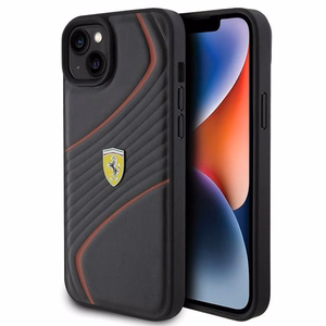 Ferrari dygsniuotas metalo logotipa dėklas iPhone 15 Plus – juodas