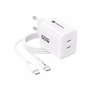 Telefono įkroviklis Forcell F-Energy GaN III Crystal Color, 2x USB C, AVS, SSFC3.0, 60W + silikoninis laidas USB C į USB C VT-60, baltas