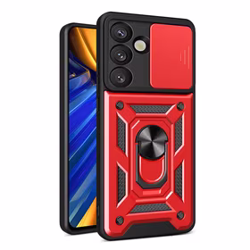 Hibridinis šarvuotas Camshield su kameros dangteliu ir metaliniu žiedu Samsung Galaxy S25 - raudonas