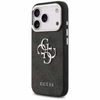 GUESS dėklas telefonui IPHONE 17 GUHCP17SP4G4SMCK (4G PU odos dėklas su dideliu 4G ir klasikiniu logotipu bei sidabriniu metaliniu kameros rėmeliu) juodas