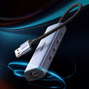 Ugreen CM475 daugiafunkcis šakotuvas USB 3.0 - 3x USB / Ethernet RJ-45 / USB Type-C PD - pilkas
