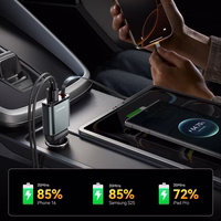 Joyroom JR-CCL07 3 viename automobilinis įkroviklis su įmontuotu ištraukiamu kabeliu - tamsiai pilkas