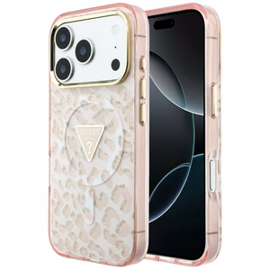 Guess IML Leopard Glitter Triangle Logo MagSafe dėklas, skirtas iPhone 17 Pro Max / 18 Pro Max – spalva: rožinė