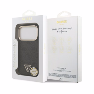 Dėklas Guess PU Leather 4G Strass Triangle Logo Gold Frame MagSafe Apple iPhone 18 Pro juodas