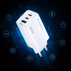 Wozinsky GaN 65W įkroviklis su USB-A ir 2xUSB-C jungtimis bei 65W USB-C kabeliu - baltas