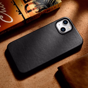 iCarer Dėklas Odinis viršelis iPhone 14 Plus natūralios odos dėklas juodas (suderinamas su MagSafe)