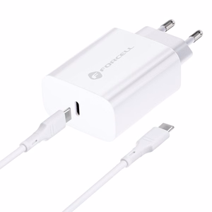 Įkroviklis Forcell + "USB-C (Type-C) to USB-C (Type-C)" (1xUSB-C 3A 25W) baltas