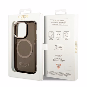 Guess GUHMP14XHTCMK iPhone 14 Pro Max 6.7" juodas/juodas kietas dėklas Auksinis kontūras Pusiau permatomas Magnetinis