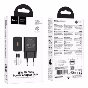 Telefono įkroviklis Hoco USB C QC PD 25W + laidas USB C į USB C N76 juodas