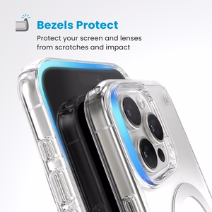 Speck Presidio Perfect-Clear dėklas su MagSafe ir ClickLock, skirtas iPhone 16 Pro Max, „Clear/Chrome“