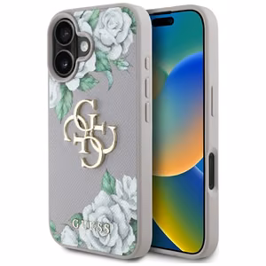 Guess Grained Roses Big 4G Logo dėklas telefonui iPhone 16 - violetinis