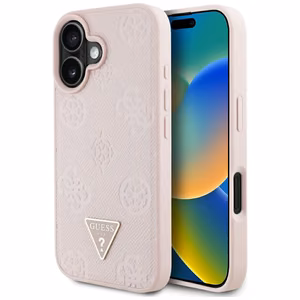 Guess Grained Hot Stamp Peony trikampio logotipo magnetinis dėklas telefonui iPhone 16 - rožinis