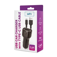"Setty" automobilinis įkroviklis 1x USB 2,4A juodas + USB-C kabelis 1,0 m