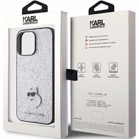 Karl Lagerfeld Fixed Glitter Choupette Logo Metal Pin Dėklas telefonui iPhone 15 Pro Max - sidabrinis