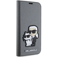 Karl Lagerfeld KLBKP14SSANKCPG iPhone 14 6.1" knygos tipo dėklas sidabrinis Saffiano Karl & Choupette