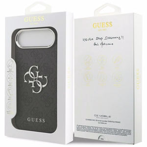 GUESS dėklas telefonui IPHONE 17 Air GUHCP17MP4G4SMCK (4G PU odos dėklas su dideliu 4G ir klasikiniu logotipu bei sidabriniu metaliniu kameros rėmeliu) juodas