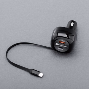 FORCELL F-ENERGY Alu automobilinis įkroviklis su įtraukiamu kabeliu Type C ir Type C + USB A jungtimis PD QC4.0 SFC2.0 3A 75W juodas