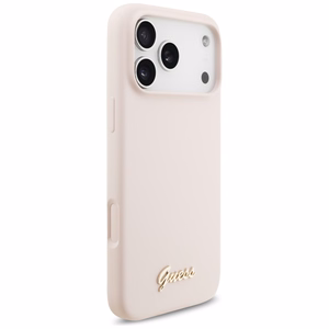 Guess Silikoninis Raštas Metalinis Logo Magnetinė dėklas telefonui iPhone 17 Pro Max - Rožinė