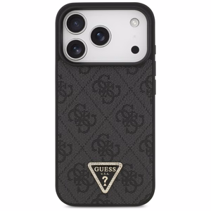 Guess Leather 4G Triangle Strass MagSafe dėklas iPhone 18 Pro / 17 Pro – juodas