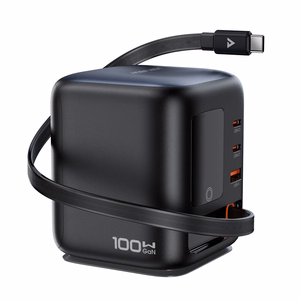 Acefast Z10 GaN 100 W 3 × USB stalinis įkroviklis su ištraukiamu USB-C laidu ir TFT ekranu, juodas