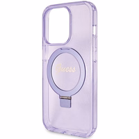 Guess dėklas telefonui su stovu Ring Stand Script Glitter magnetinis iPhone 15 Pro Max - violetinis