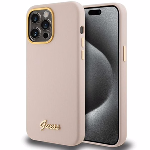 Guess Silicone Script Metal Logo & Frame dėklas telefonui iPhone 15 Pro - rožinis