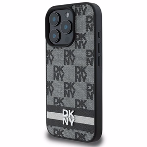 DKNY Dėklas telefonui iPhone 16 Pro su patikrintu raštu ir spausdintomis juostelėmis - juodas