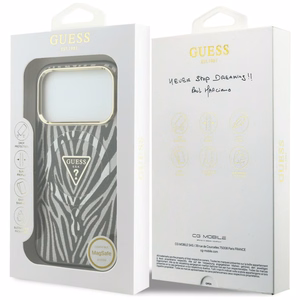 Guess IML Zebra Glitter Triangle Logo MagSafe dėklas, skirtas iPhone 18 Pro / 17 Pro – spalva: sidabrinė