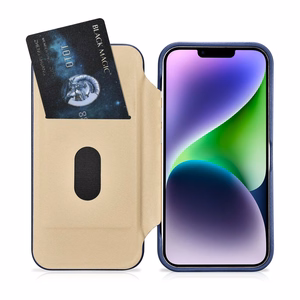 iCarer CE Premium odinis folio dėklas iPhone 14 Plus magnetinis atverčiamas odinis folio dėklas MagSafe mėlyna