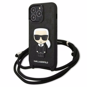 Karl Lagerfeld odinis monogramos lopas ir virvelė Iconik dėklas iPhone 13 Pro / 13 - juoda
