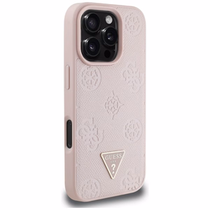 Guess Grained Hot Stamp Peony trikampio logotipo magnetinis dėklas telefonui iPhone 16 Pro - rožinis