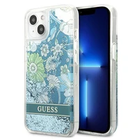 Guess GUHCP13SLFLSN iPhone 13 mini 5.4" žalias/žalias kietasis dėklas su gėlių skysčio blizgučiais