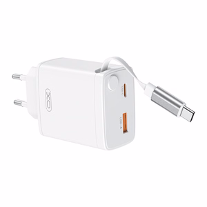 XO wall įkroviklis CE31 1x USB 1x USB-C 30W baltas with retractable USB-C laidas