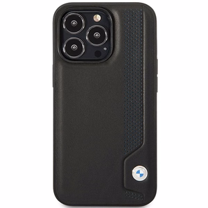 Dėklas telefonui BMW BMHCP14L22RBDK iPhone 14 Pro 6.1 - juodas odinis mėlynas taškų raštas
