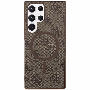 Guess 4G Collection Leather Metal Logo MagSafe dėklas telefonui Samsung Galaxy S24 Ultra - rudas
