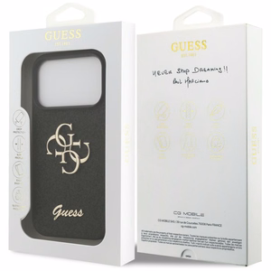 Guess PU Fixed Glitter 4G Metal Logo dėklas Apple iPhone 18 Pro, juodas