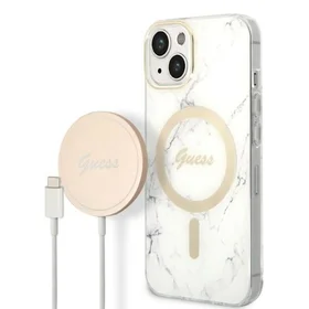 Rinkinys Guess GUBPP14MHMEACSH dėklas + įkroviklis iPhone 14 Plus 6.7" baltas/baltas kietas dėklas Marble Magnetinis
