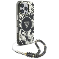 Guess Palm Trees Triangle Pearl Strap MagSafe dėklas telefonui iPhone 16 Pro juodas