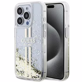 Guess Liquid Glitter Gold Stripes dėklas telefonui iPhone 15 Pro - skaidrus