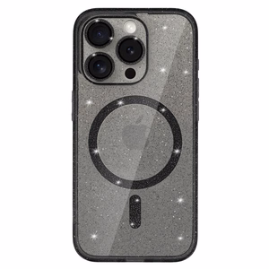 Blizgantis magnetinis MagSafe dėklas telefonui Samsung Galaxy S25 juodas permatomas