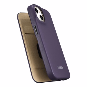 iCarer CE Premium odinis folio dėklas iPhone 14 Plus magnetinis atverčiamas odinis folio dėklas MagSafe tamsiai violetinė