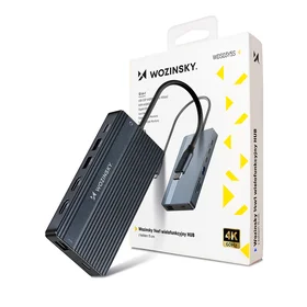 USB-C Hub 14 in 1 Wozinsky WDS03Y5S daugiafunkcis, aliuminis, 3 monitoriams, su 15 cm laidu - pilkas