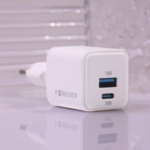 "Forever TC-08-30AC GaN PD QC įkroviklis 1x USB-C 1x USB 30W baltas