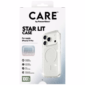 CARE by PanzerGlass Flagship Urban Explorer dėklas telefonui su baltu magnetiniu MagSafe, skirtas iPhone 17 Pro – skaidrus su blizgučiais