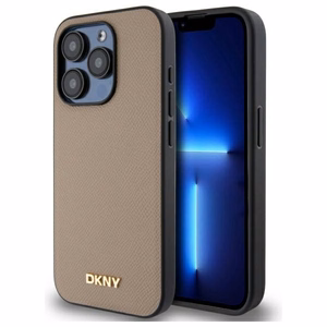 DKNY Grained Metal Logo Magnetinis iPhone 15 Pro dėklas - smėlio spalvos