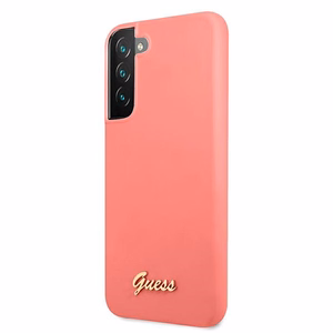 Guess GUHCS22MLSLMGFU S22+ S906 fuksija/fuksija kietas dėklas Silicone Script Metal Logo