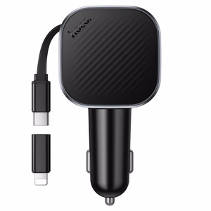 Automobilinis įkroviklis Hoco Z68, USB-A + USB-C, PD QC3.0, 45 W, su ištraukiamu USB-C kabeliu, juodas